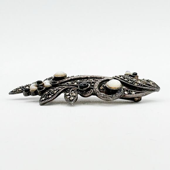 Art Nouveau Style 925 Sterling Silver Marcasite Brooch w Onyx Moonstone Details - Picture 9 of 12
